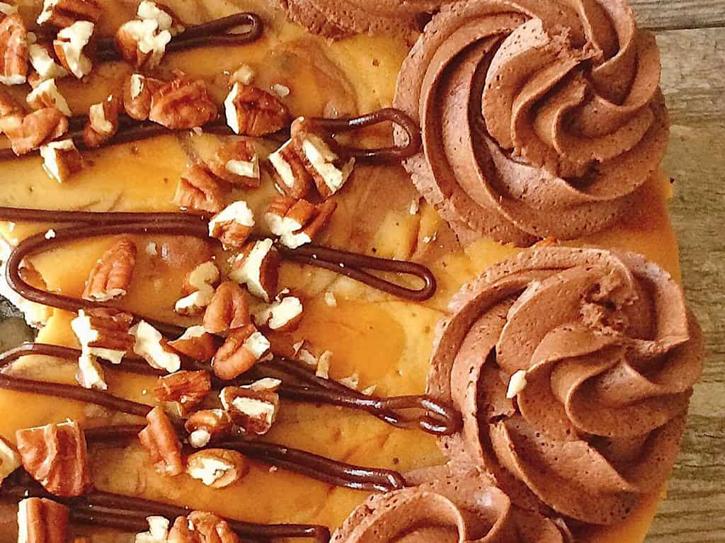 A copycat Cheesecake Factory Caramel Pecan Turtle Cheesecake