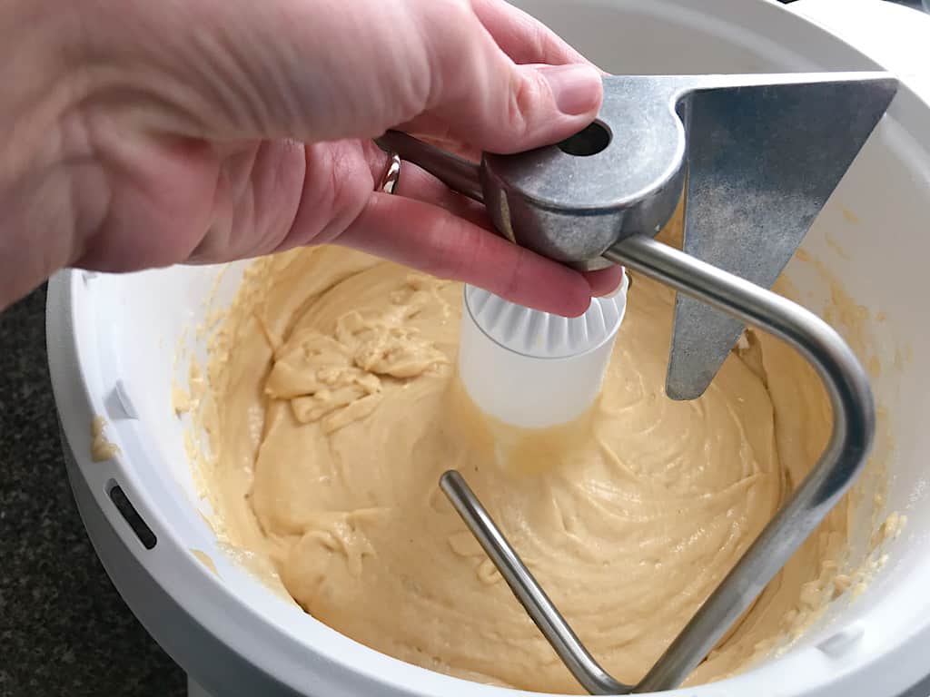 A dough hook used to make Holiday Mickey Beignets