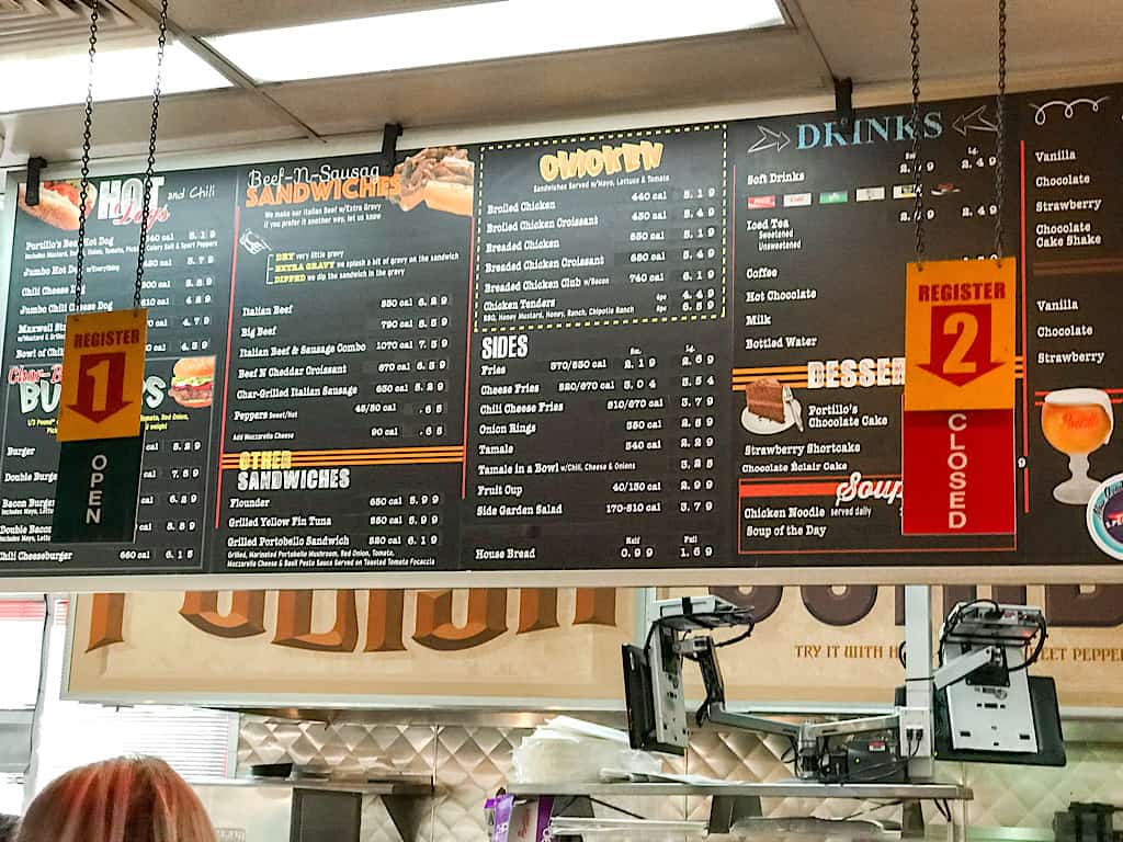 Menu from Portillo's in Buena Park California