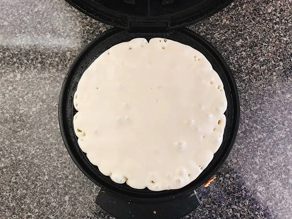 Easy Fast Waffle batter in a belgian waffle iron