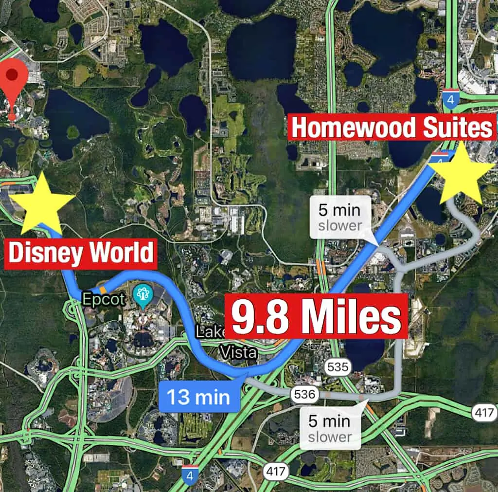 Map showing how far it is from Homewood Suites Orlando to Disney World