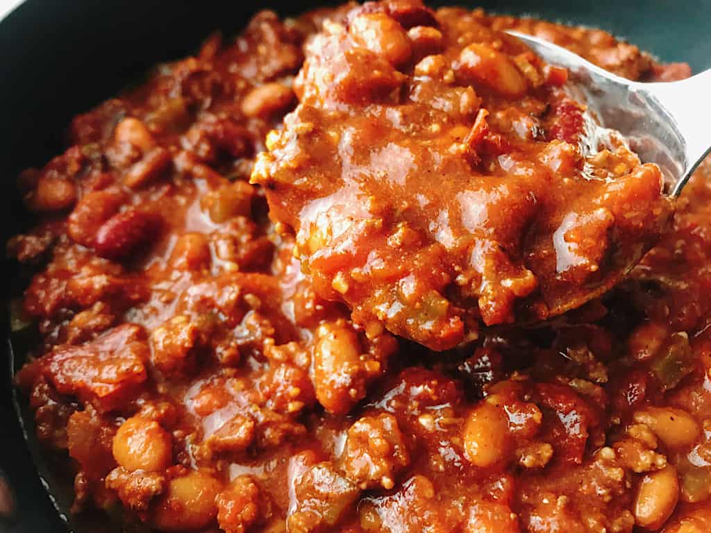 Instant Pot chili in a ladle