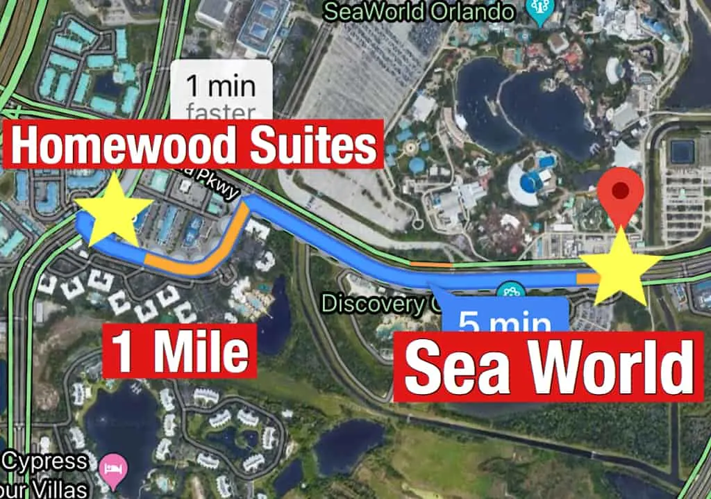 Map showing how far it is from Homewood Suites Orlando to Sea World