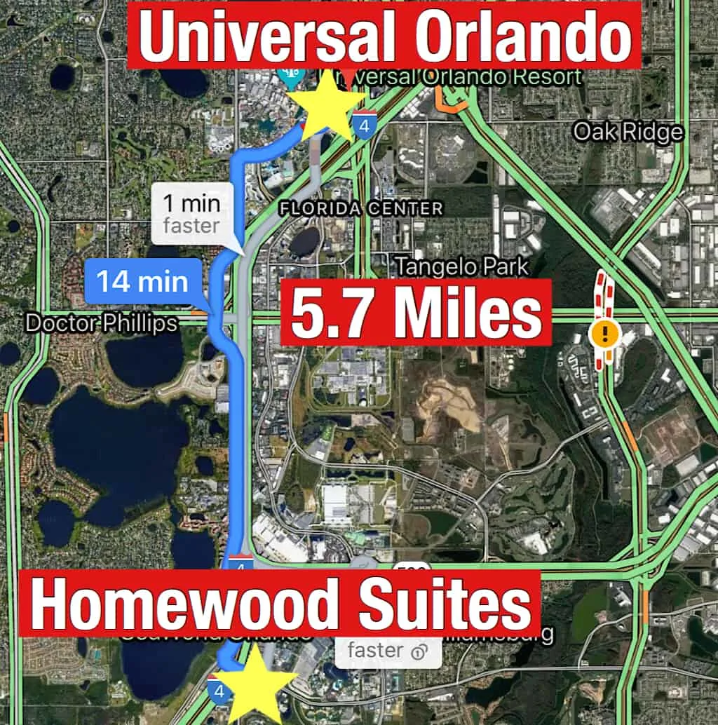 Map showing how far it is from Homewood Suites Orlando to Universal Orlando