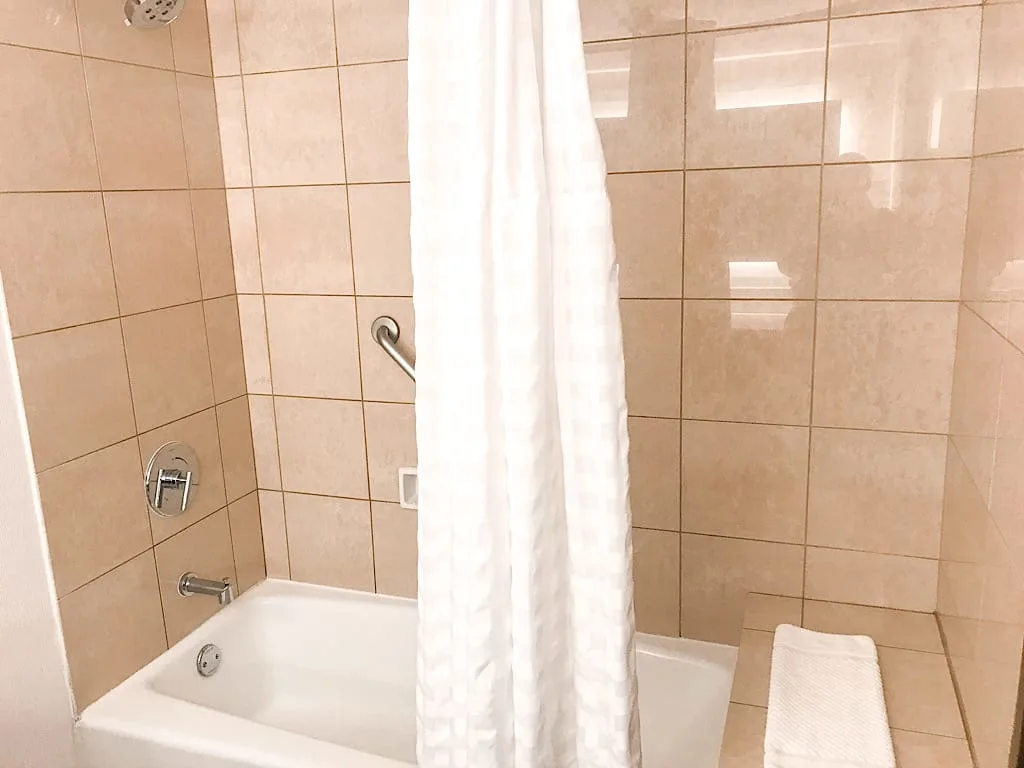 Shower/Tub combo in a suite at Embassy Suites Anaheim South Review