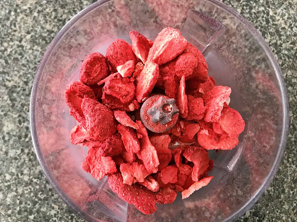 Freeze dried strawberries in a food processor to make strawberry frosting