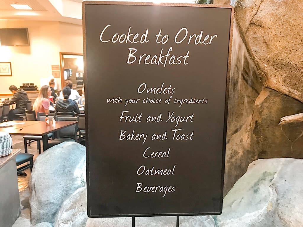 A sign with cook-to-order breakfast choices at Embassy Suites Anaheim Sout