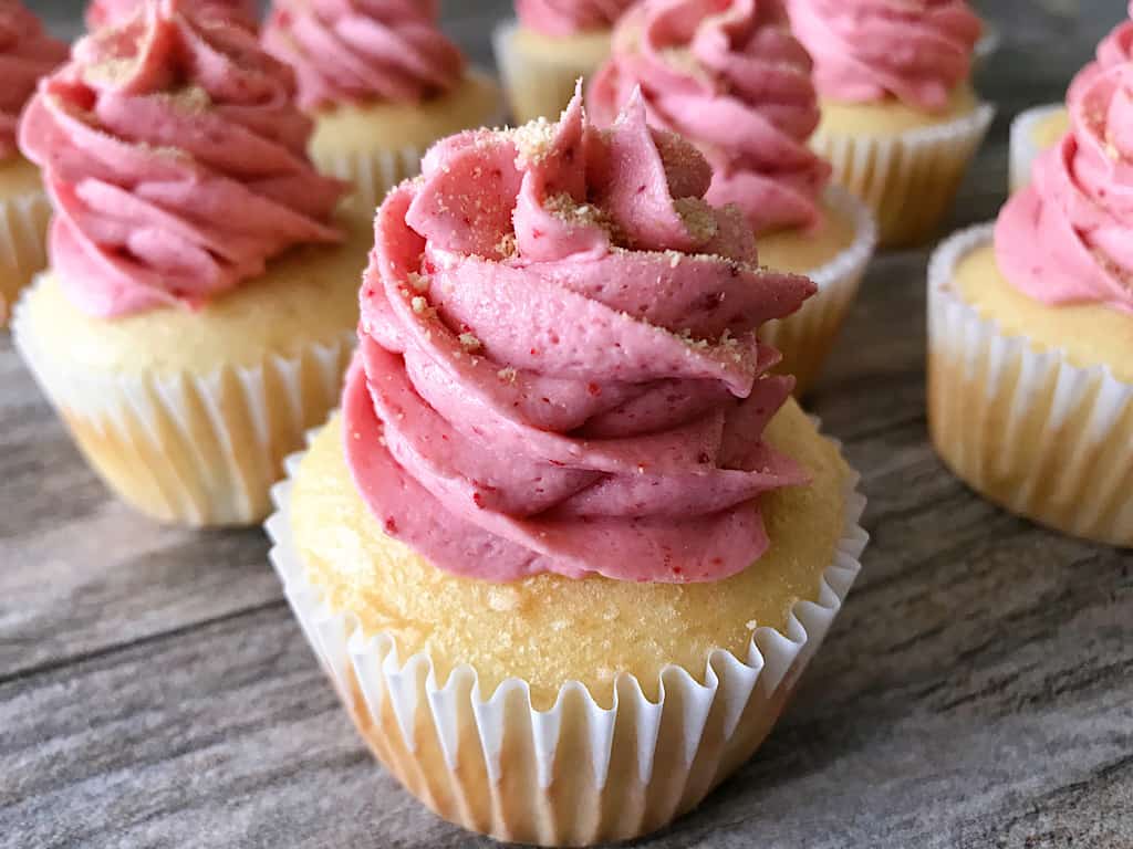 A Strawberry Cheesecake Cupcake with Graham Cracker Crumbs