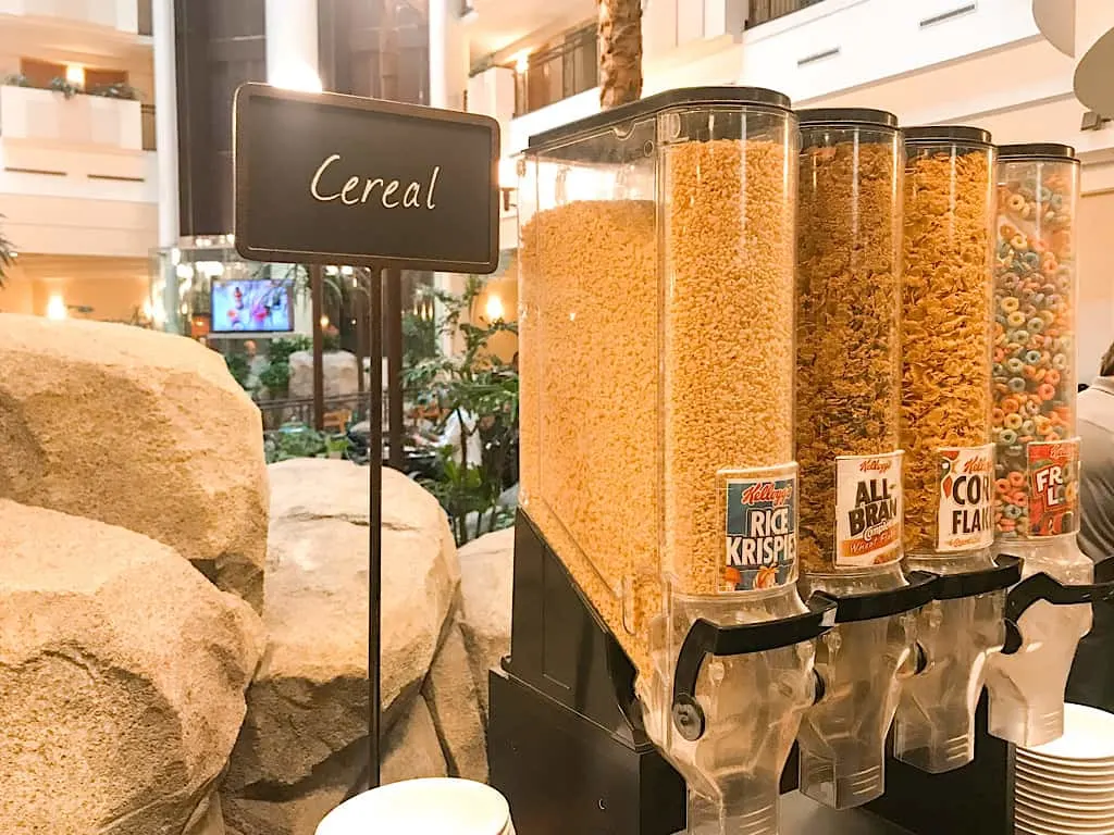 A variety of cold cereals offered for complimentary breakfast