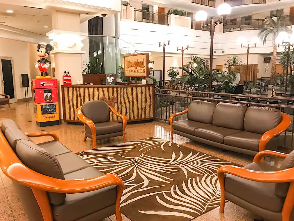 Seating area in the lobby of Embassy Suites in Anaheim California near Disneyland