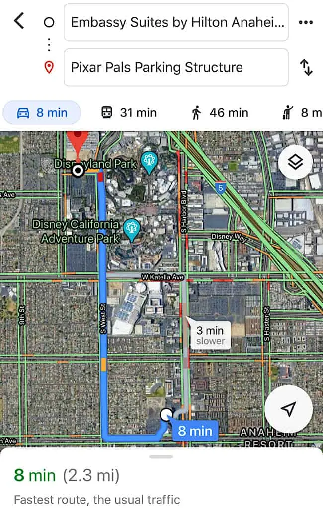 How to get to Disneyland from Embassy Suites Anaheim South Pixar Pals Parking Structure