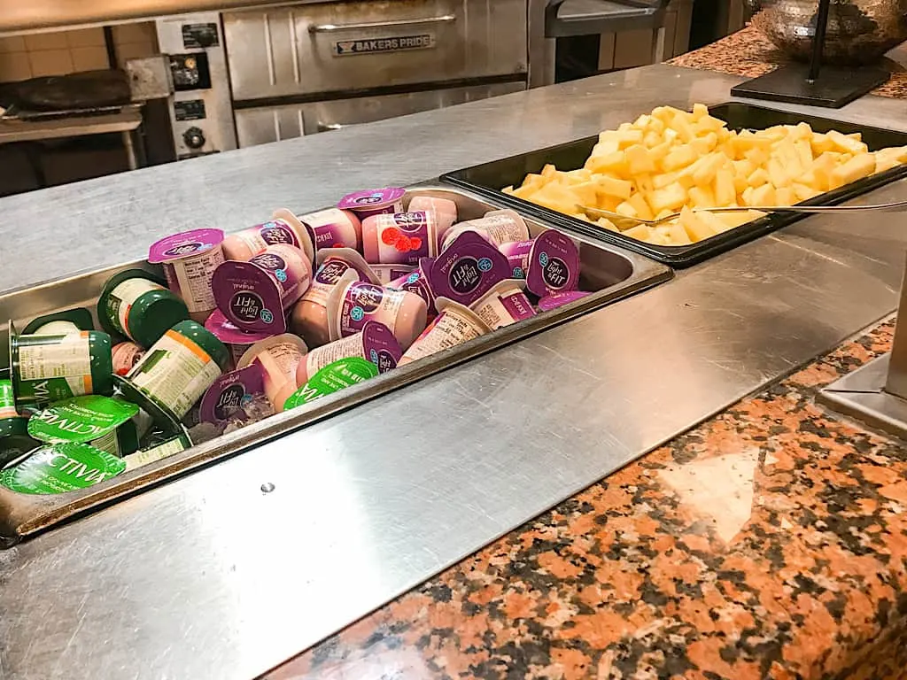 fresh fruit and yogurt offered at Embassy Suites