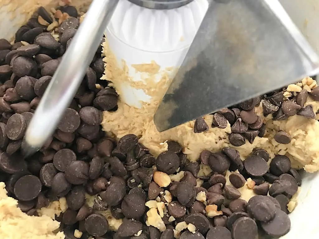 Chocolate chips mixed into cookie dough