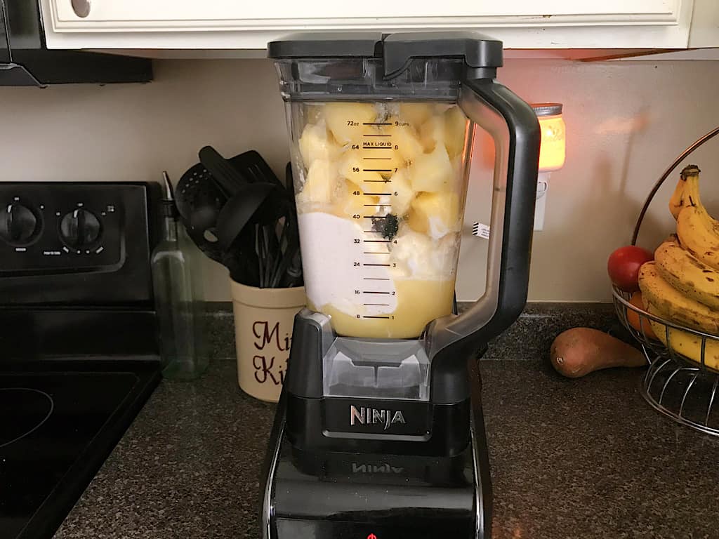 A blender with ingredients to make Dole Whip