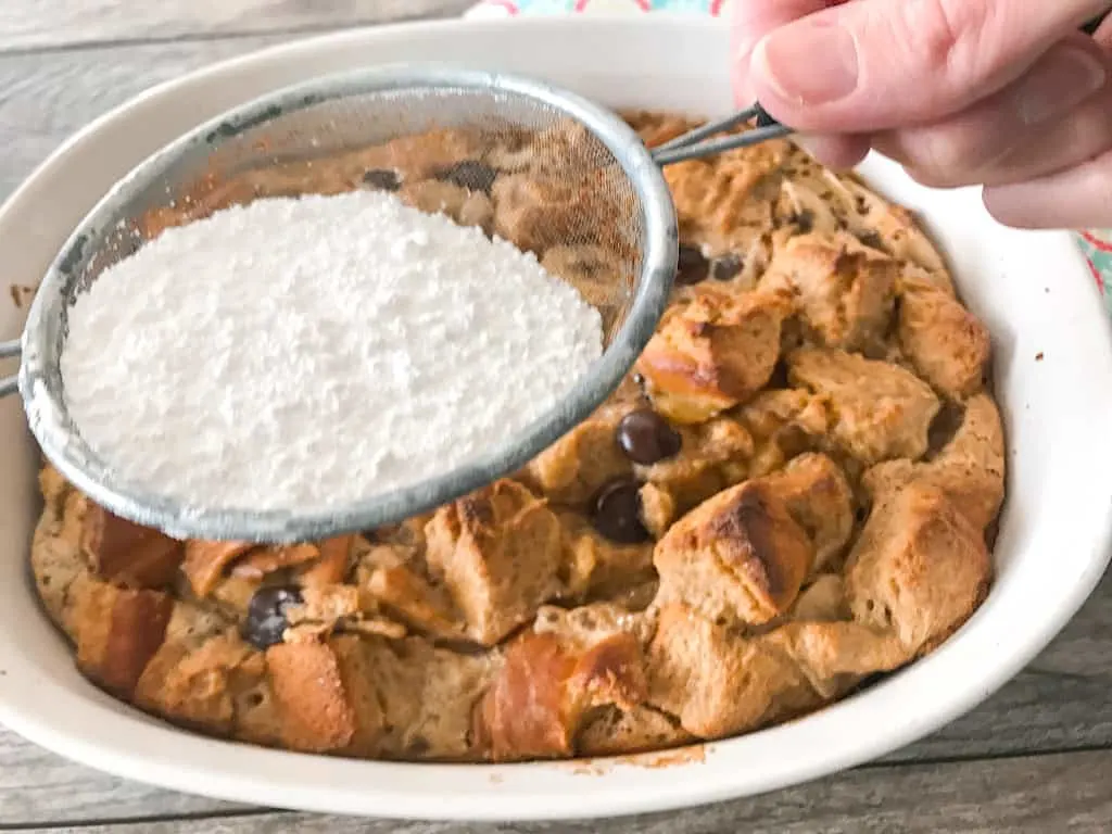 Powdered sugar sprinkled over French Toast casserole