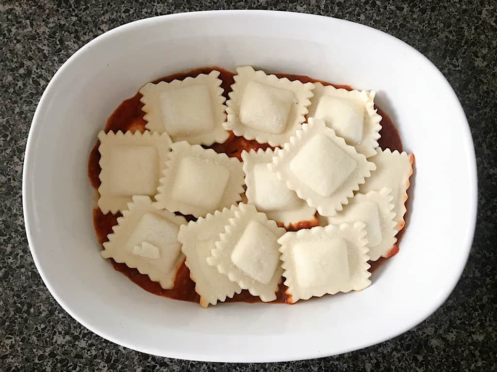 Frozen ravioli over sauce for baked ravioli