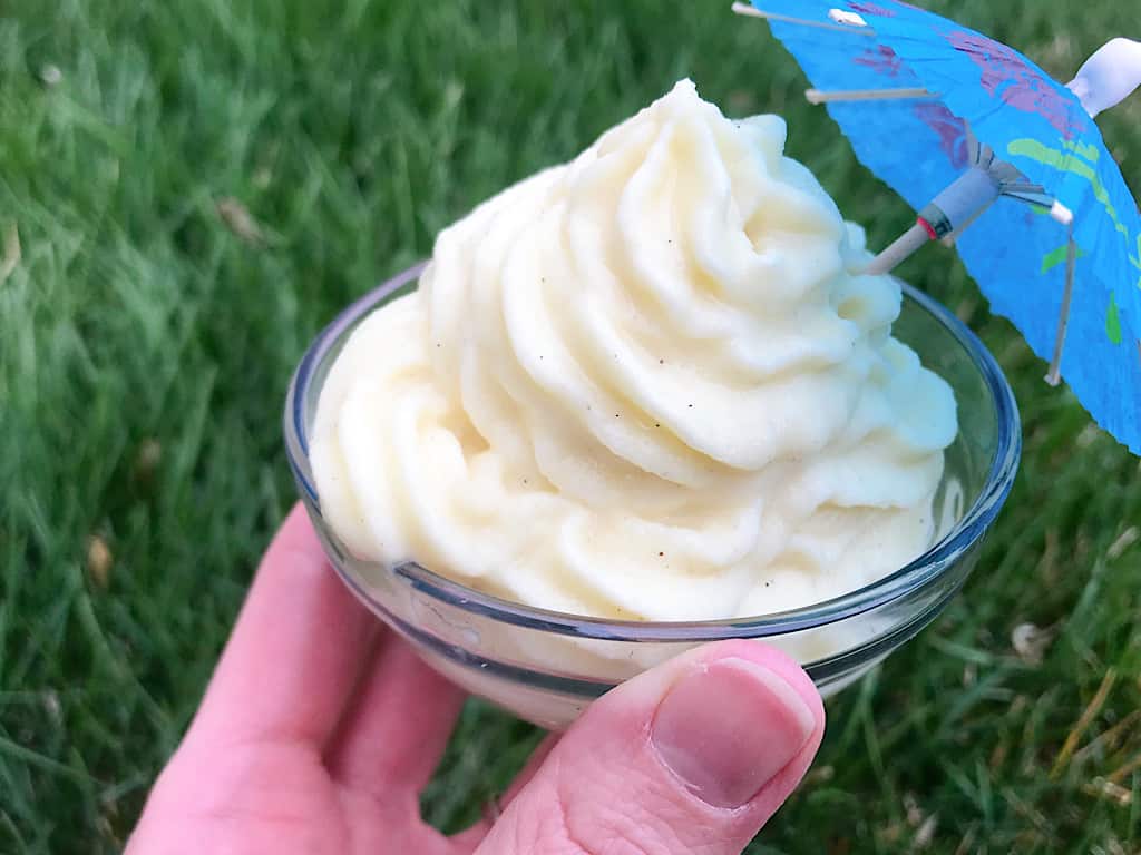 Homemade Dole Whip with a paper umbrella