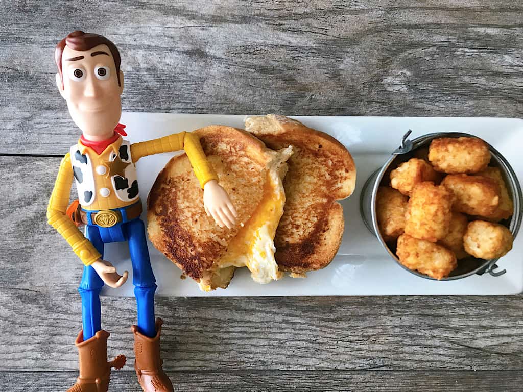 Woody's grilled cheese sandwich and tater tots