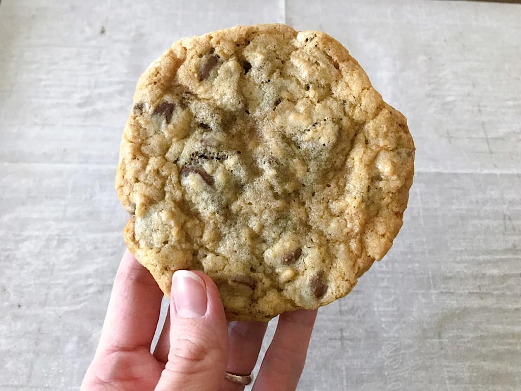A hand holding a chocolate chip cookie