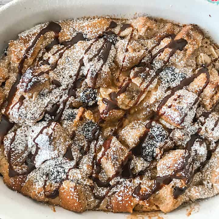 Chocolate Peanut Butter Banana French Toast Bake in a white dish