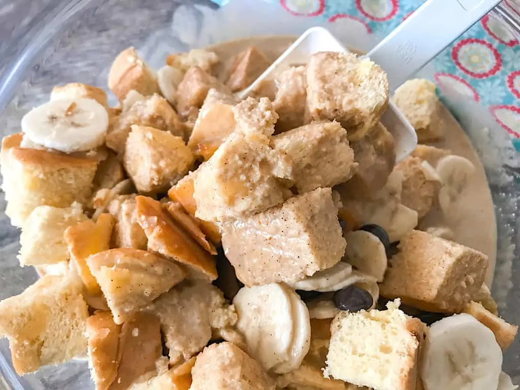 Bread cubes, banana, batter, chocolate chips to make PCH Grill French Toast from Disneyland