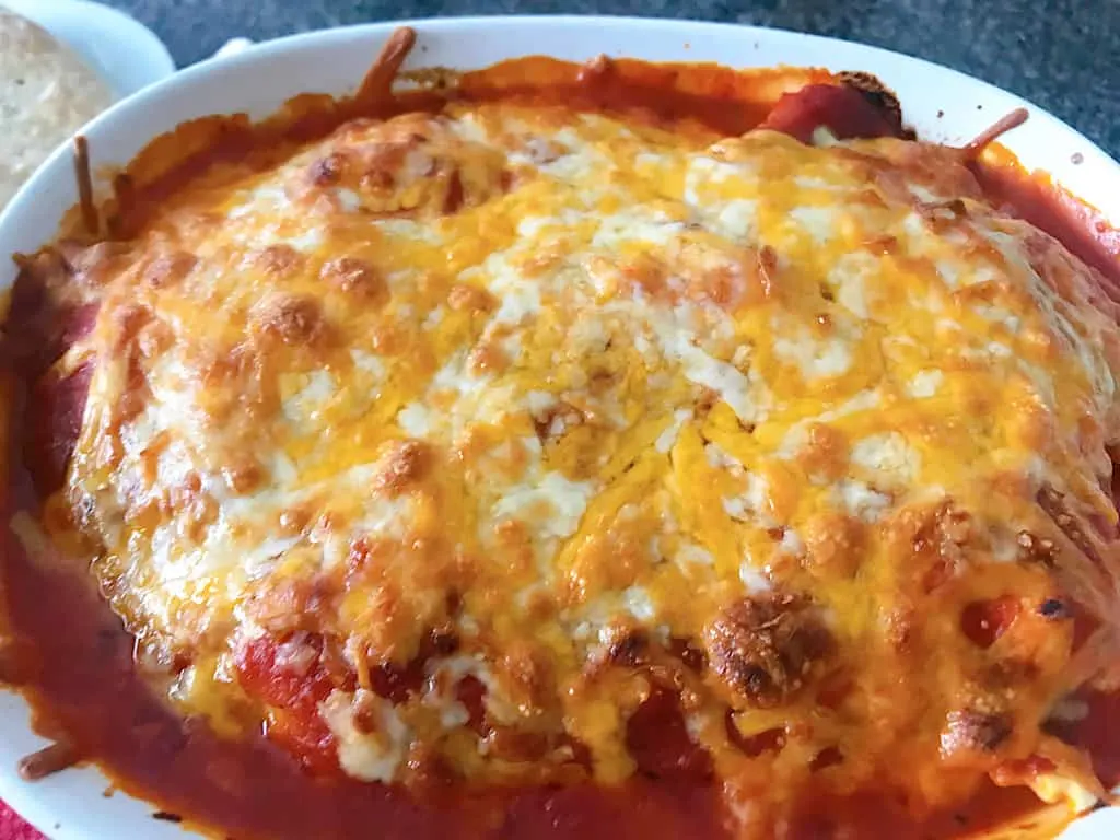 Close up of baked ravioli.