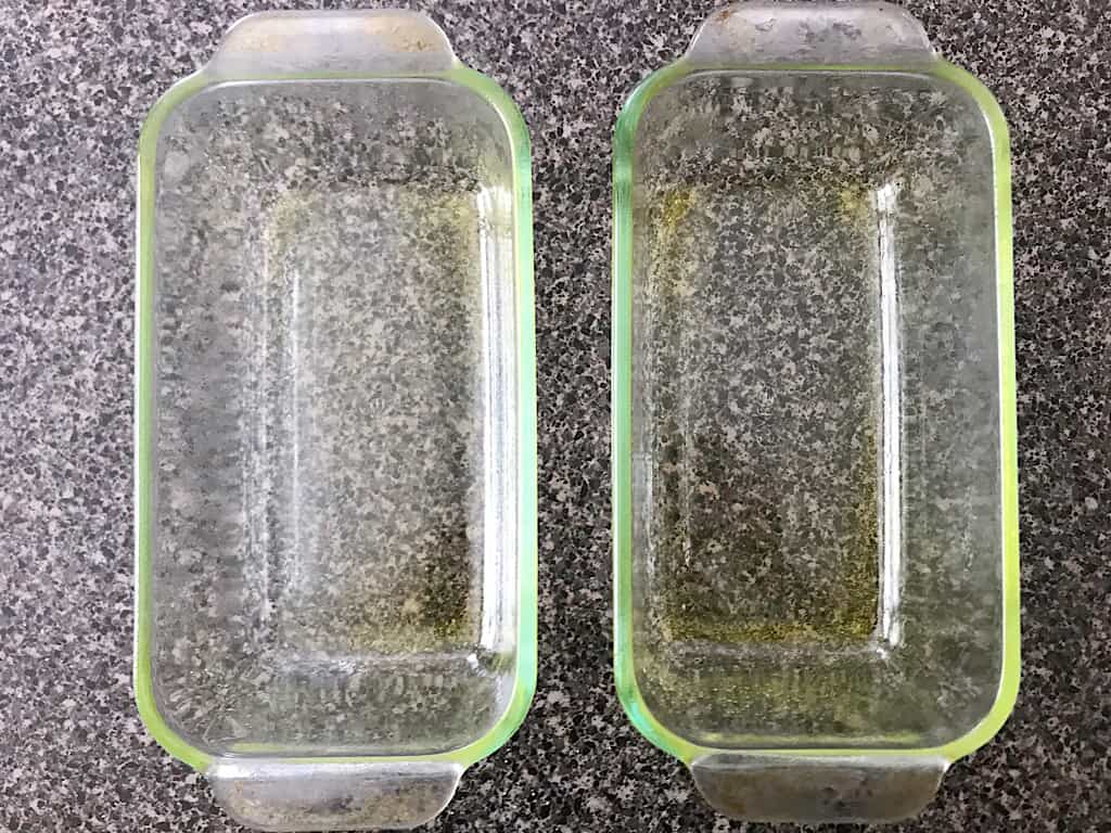 Prepare two 9x5 loaf pans by spraying them with non-stick cooking spray.