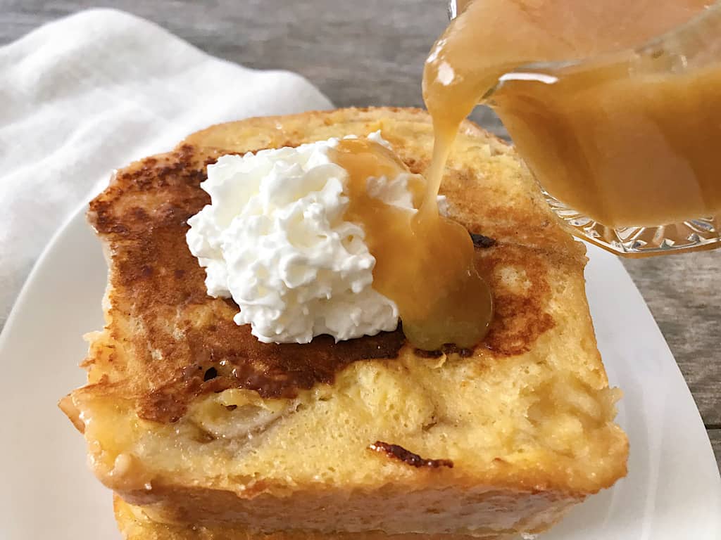 Caramel Syrup poured over Chunky Cinnamon French Toast