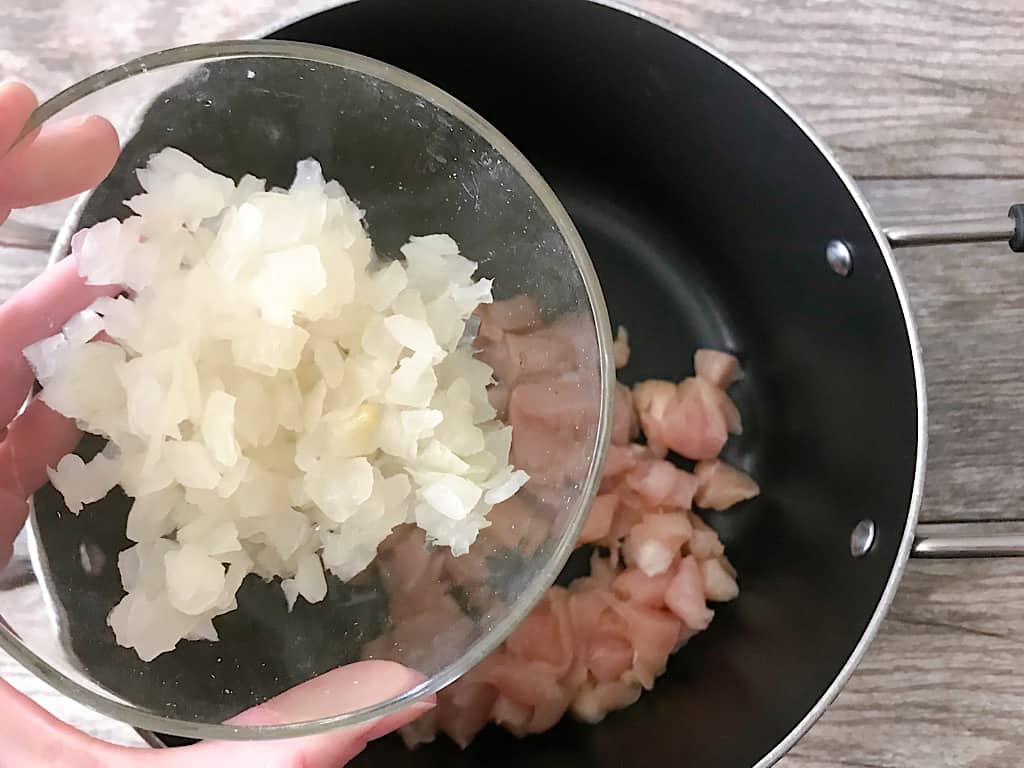 Diced chicken and onion for Enchilada Soup