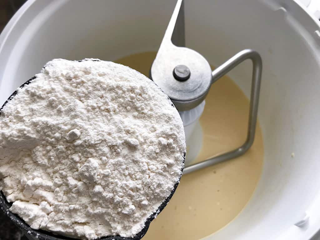 Switch to a dough hook and mix in the remaining flour, just enough to make the dough pull away from the sides of the bowl.
