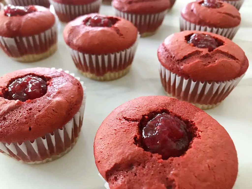 Raspberry filed red velvet cupcakes