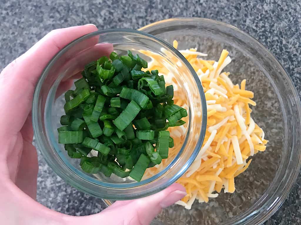 Mix 2 cups of the shredded cheese with the chopped onions, reserving some of the onions for garnish.