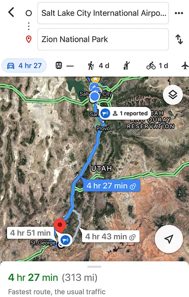 Distance from Salt Lake City to Zion National Park