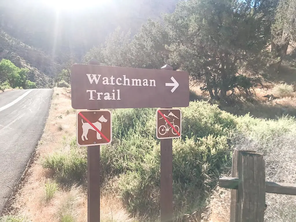 Watchman Trail Head sign at Zion National Park with Kids