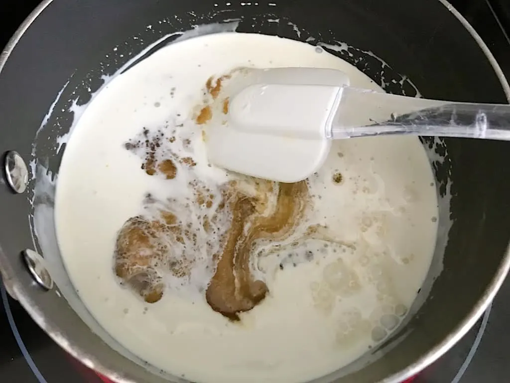 Caramel syrup ingredients in a sauce pan