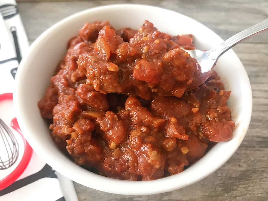 A bowl of Woody's Lunch Box Chili with no toppings
