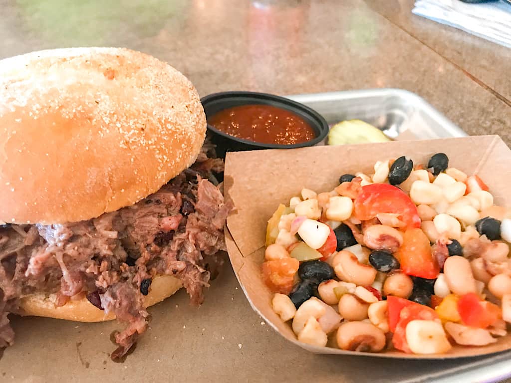 Brisket Sandwich and Cowboy Caviar at Beartooth Barbecue in West Yellowstone, Montana
