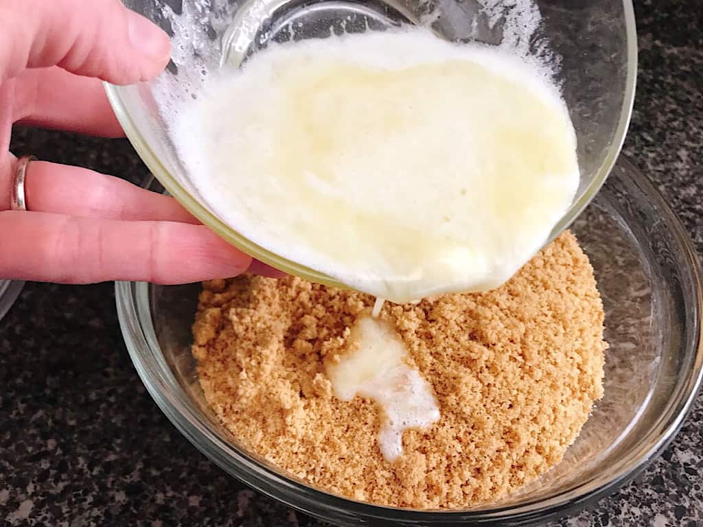In a bowl, mix together the crumbs, sugar and melted butter.