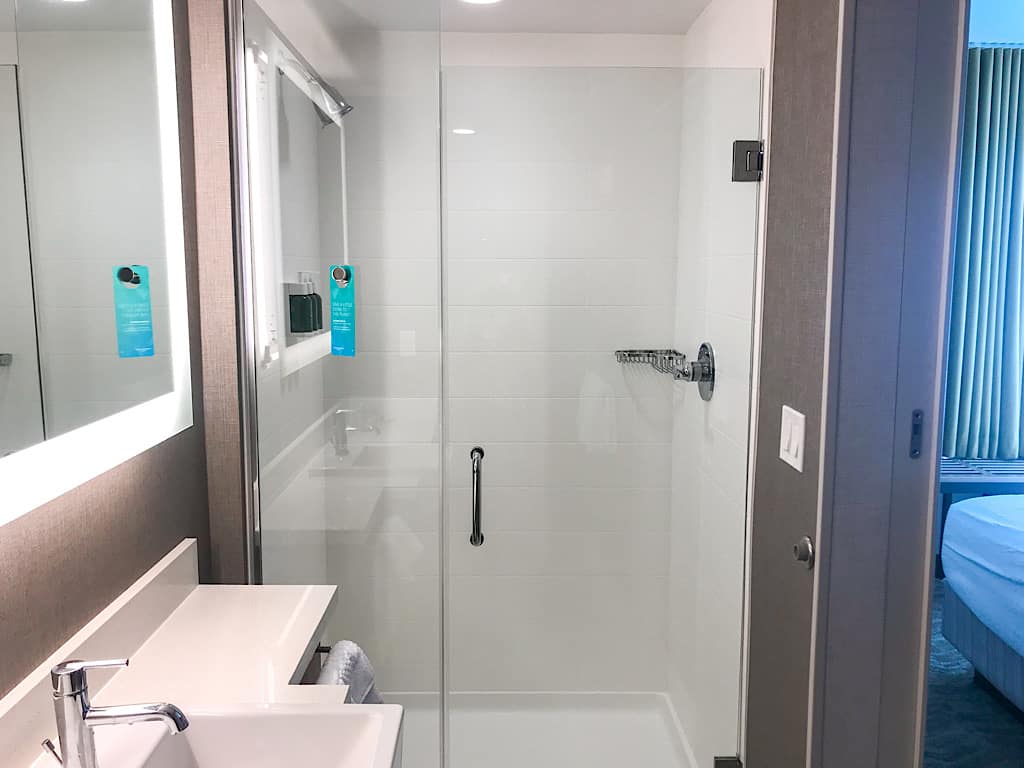 Bathroom and shower at Springhill Suites in Jackson Hole, Wyoming