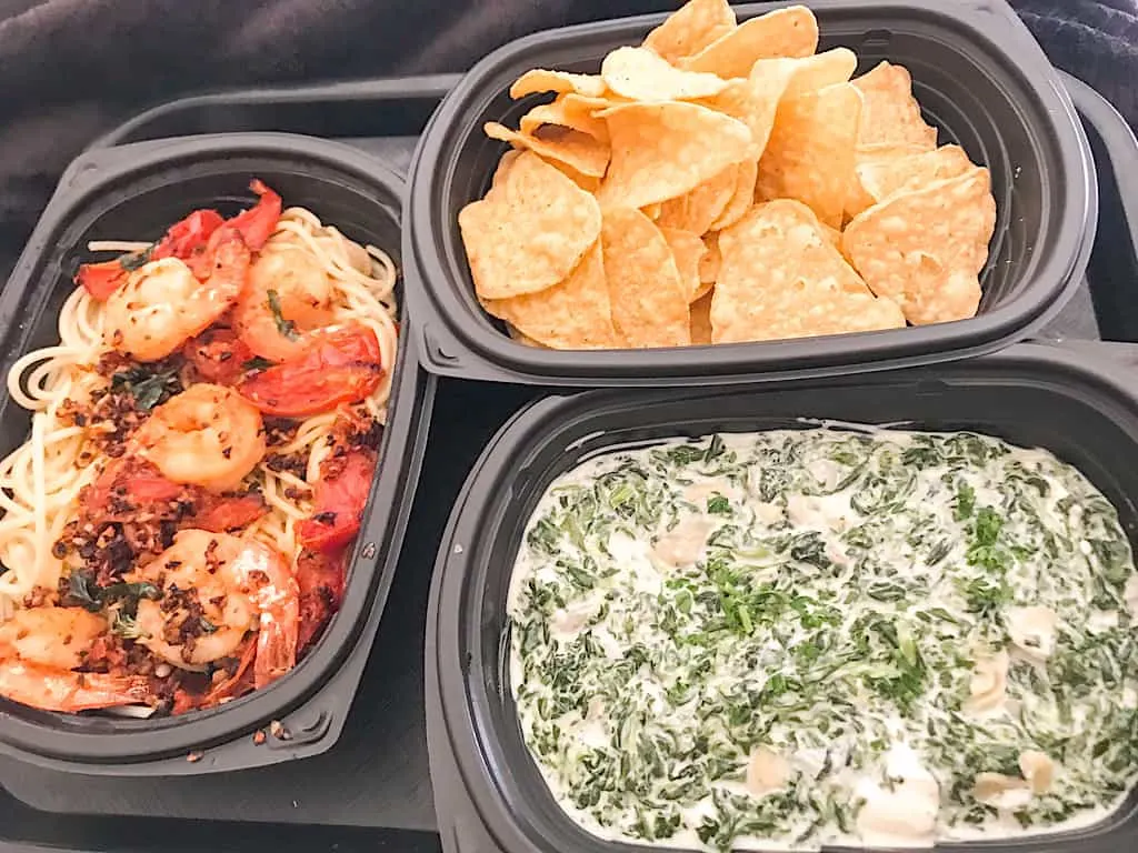 Spicy Shrimp Pasta, Spinach & Artichoke Dip, and tortilla chips from Lodge Wood Fire Grill at Great Wolf Lodge Washington