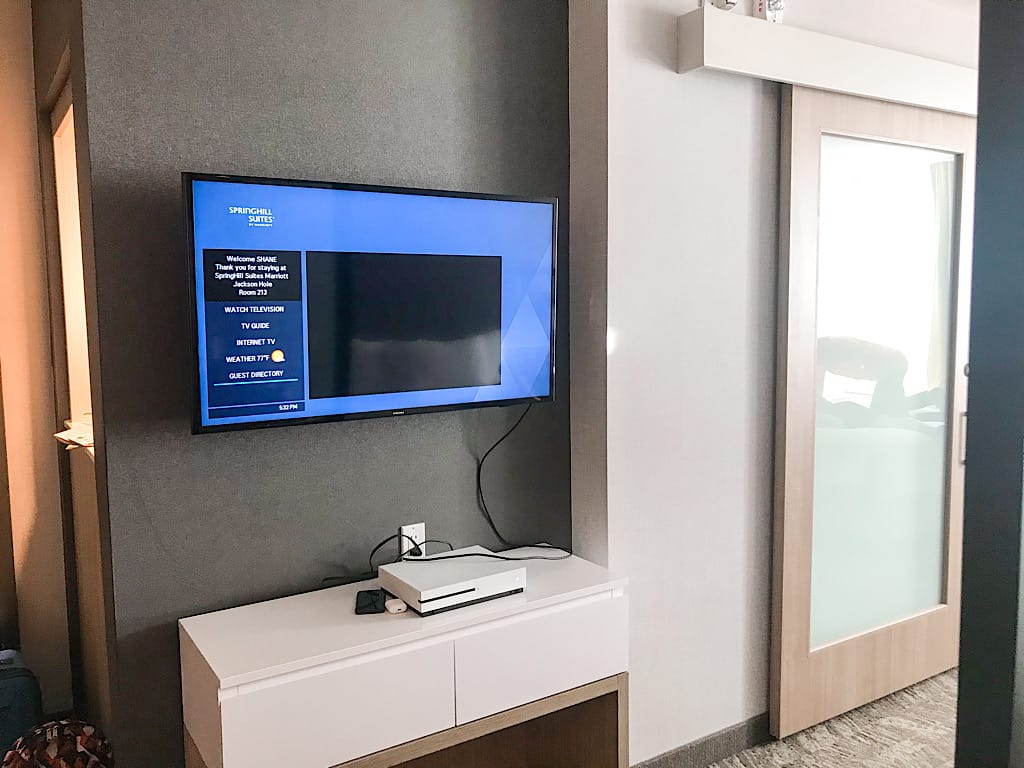 TV and bathroom door at Springhill Suites in Jackson Hole, Wyoming