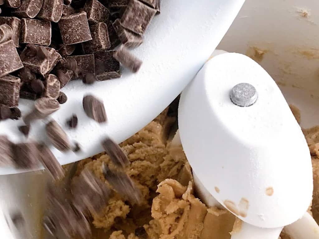 Stir in 1 1/2 cups of chocolate chunks and 1/2 cups of mini chocolate chips.