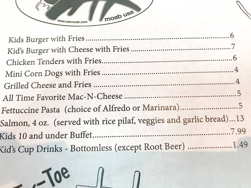 Kids Menu from Zax Restaurant