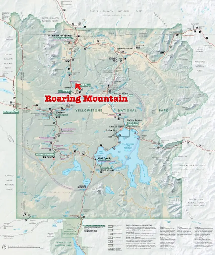 Map to Roaring Mountain in Yellowstone with kids