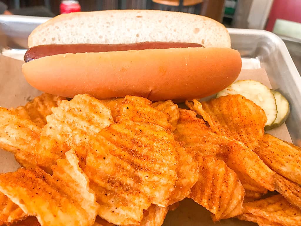 Hot dog with homemade barbecue chips kids meal at Beartooth Barbecue in West Yellowstone, Montana