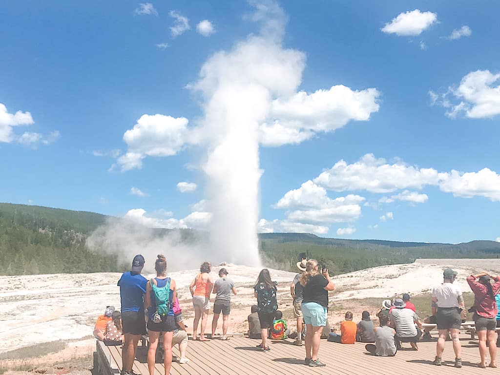 People watching Old Faithful  