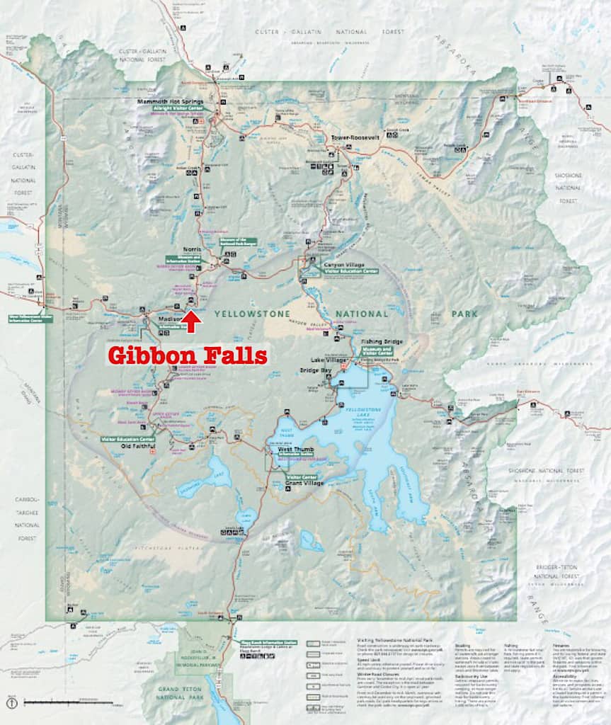 Map to Gibbon Falls Yellowstone National Park