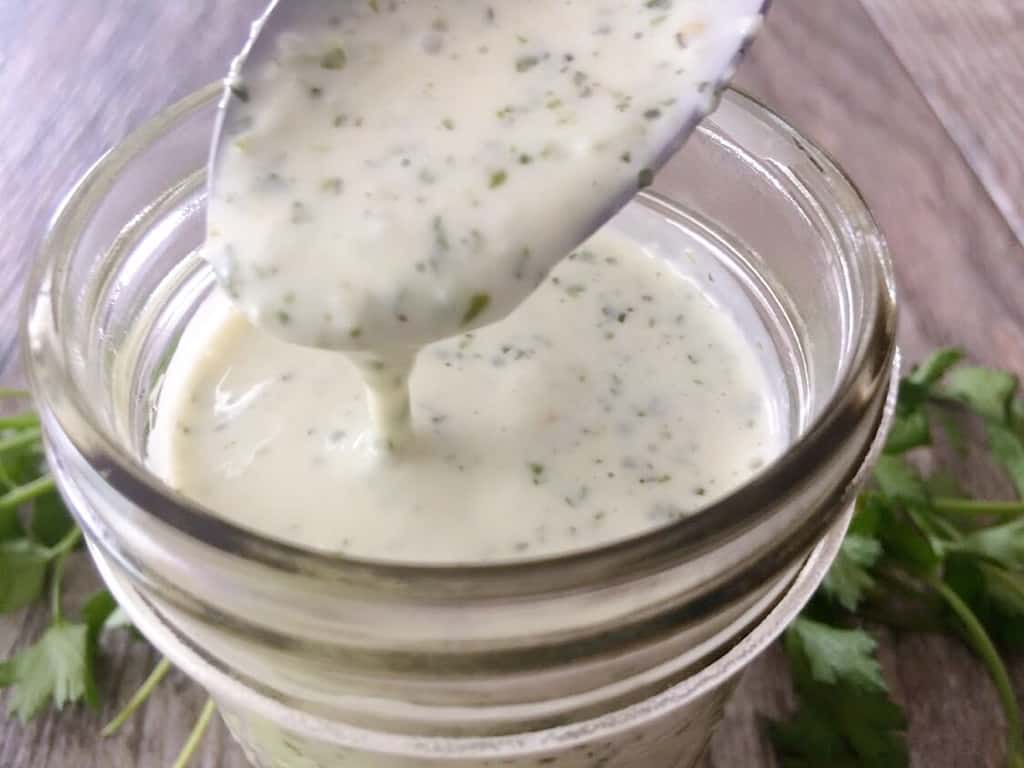 A spoon full of Creamy Tomatillo Ranch