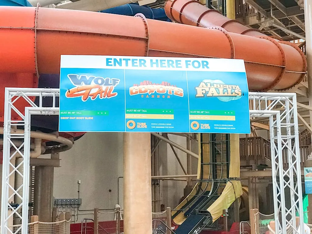 Entrance sign for Wolf Tail water slide 