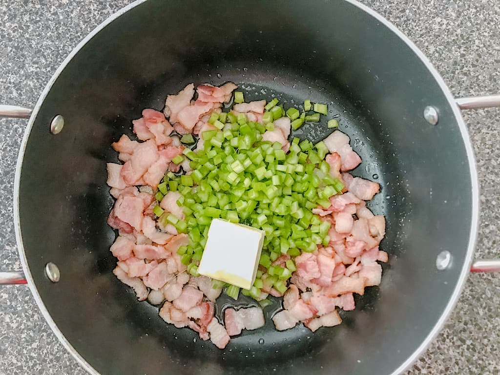 Bacon, Onions, Celery, and butter in pan to make Le Cellier Canadian Cheddar Cheese Soup